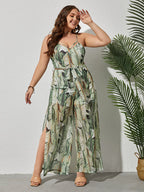 Plus Green Tropical Print Tie Front Jumpsuit