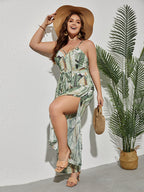 Plus Green Tropical Print Tie Front Jumpsuit