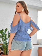 Plus Blue Floral Cold Shoulder Ruffle Trim Blouse