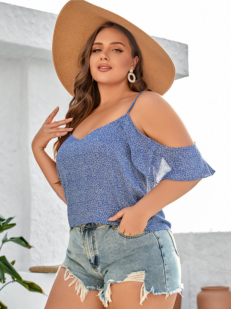 Plus Blue Floral Cold Shoulder Ruffle Trim Blouse