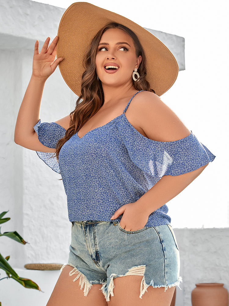 Plus Blue Floral Cold Shoulder Ruffle Trim Blouse