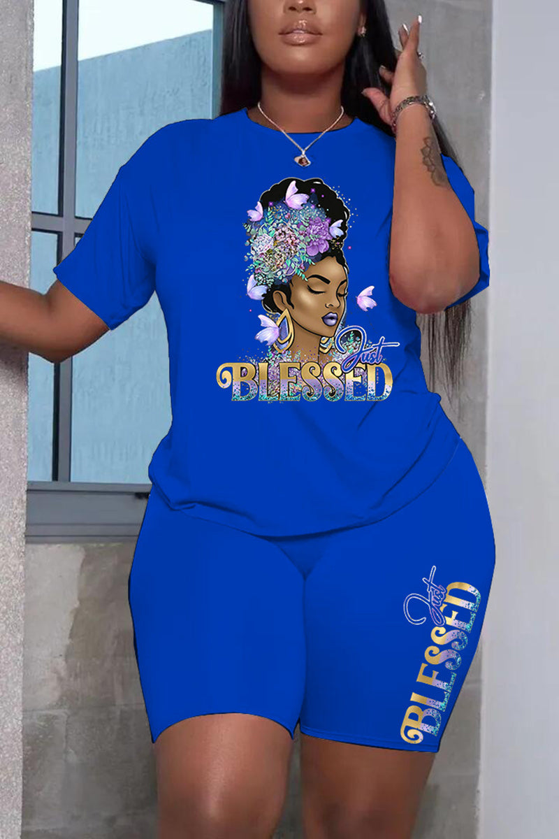 Plus Size Black African Casual Letter Pattern Print Short Sleeve Short Set