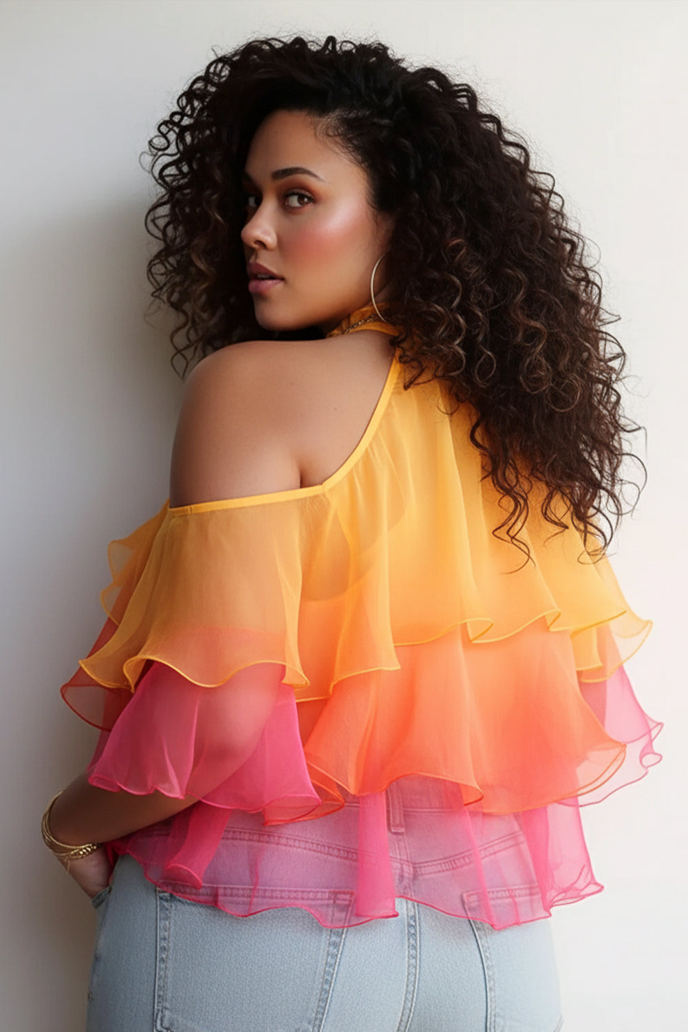 Xpluswear Design Plus Size Vacation Multicolor Gradient Halter Collar Cold Shoulder Short Sleeve Ruffle Tiered Organza Tops