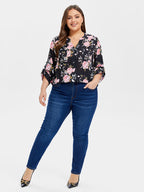 VIP Floral Print V-Neck Roll Tab Sleeve Blouse