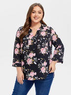 VIP Floral Print V-Neck Roll Tab Sleeve Blouse