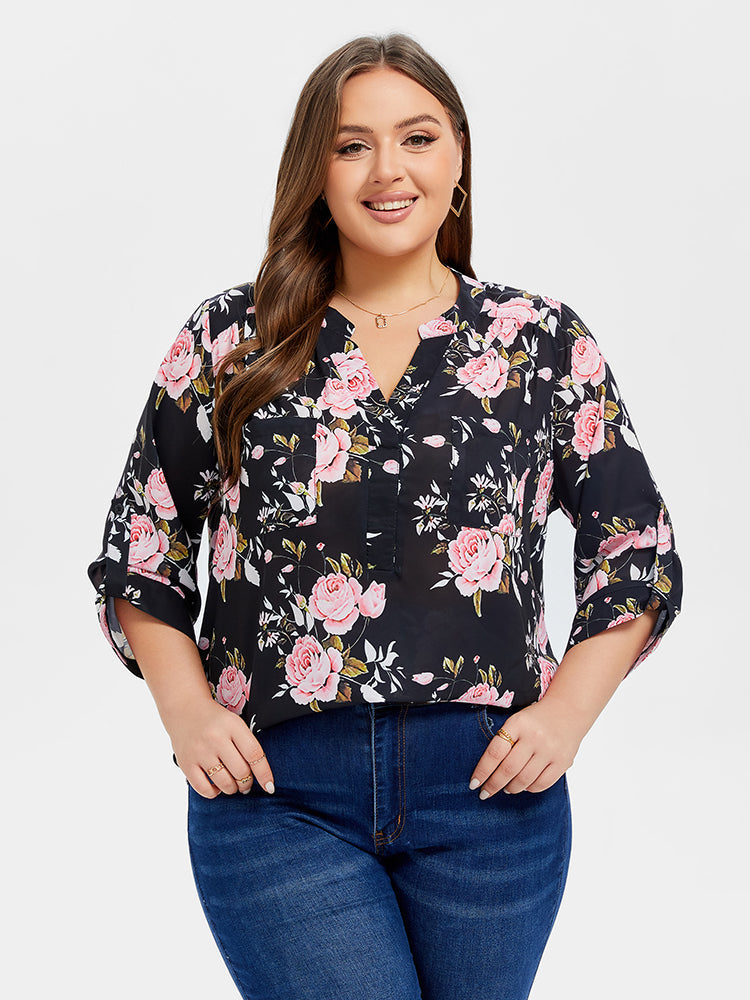 VIP Floral Print V-Neck Roll Tab Sleeve Blouse