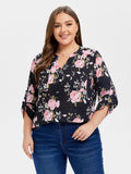 VIP Floral Print V-Neck Roll Tab Sleeve Blouse