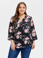 VIP Floral Print V-Neck Roll Tab Sleeve Blouse