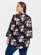 VIP Floral Print V-Neck Roll Tab Sleeve Blouse