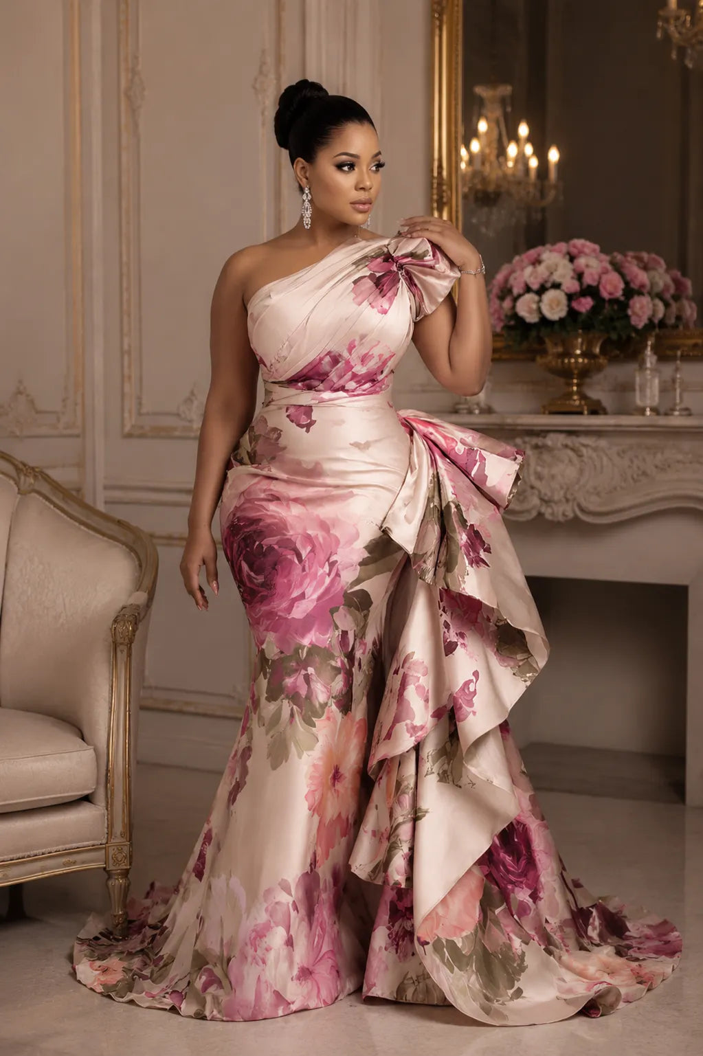 Xpluswear Design Plus Size Formal Pink Oblique Collar One Shoulder Ruffle Elegant Satin Maxi Dresses