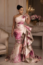 Xpluswear Design Plus Size Formal Pink Oblique Collar One Shoulder Ruffle Elegant Satin Maxi Dresses