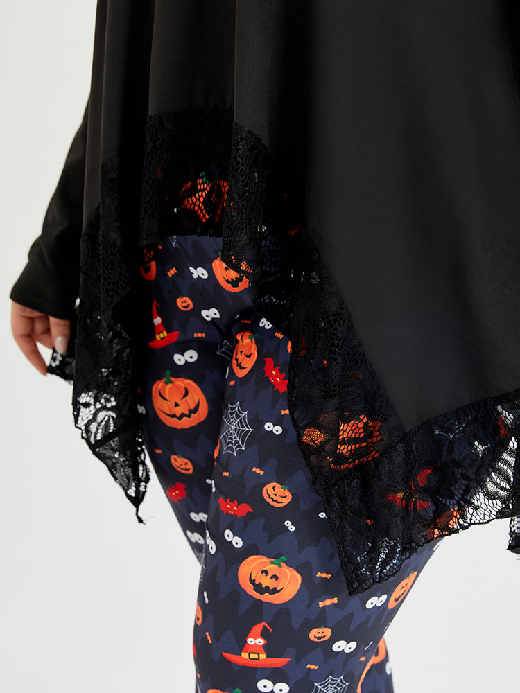 VIP Halloween Contrast Lace Asymmetrical Hem Blouse