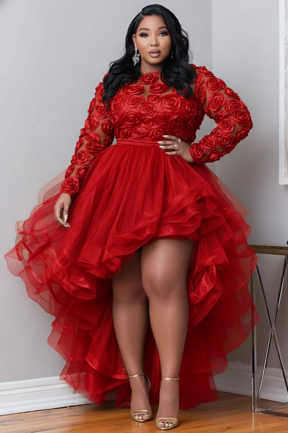 Xpluswear Design Plus Size Party Gold Round Neck Long Sleeve 3D Elegant High Low Hem Tulle Mini Dresses