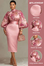 Xpluswear Design Plus Size Wedding Guest Pink Floral Stand-Up Collar Lantern Sleeve Long Sleeve Bodycon Satin Midi Dresses