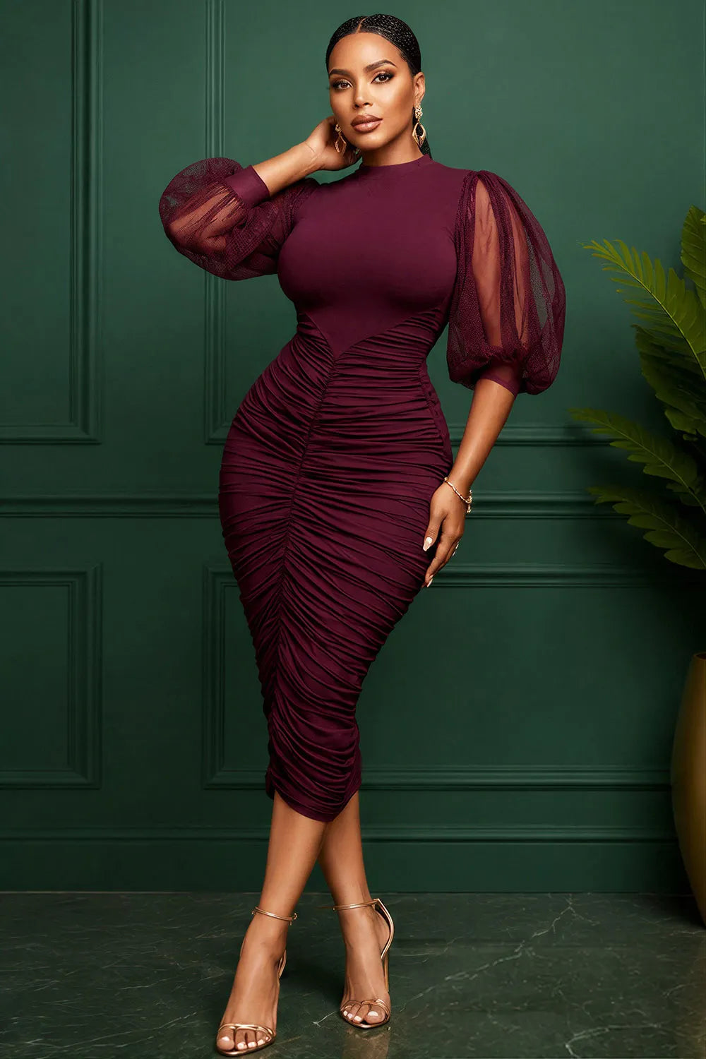 Xpluswear Design Plus Size Cocktail Party Burgundy Round Neck Puff Sleeve Short Sleeve Fold Bodycon Tulle Midi Dresses