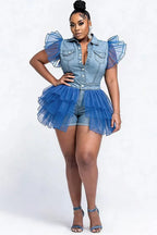 Xpluswear Design Plus Size Party Light Blue Shirt Collar Short Sleeve Contrast Ruffle Denim Rompers