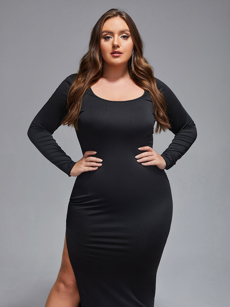 VIP Plus Side Split Round Neck Bodycon Maxi Dress