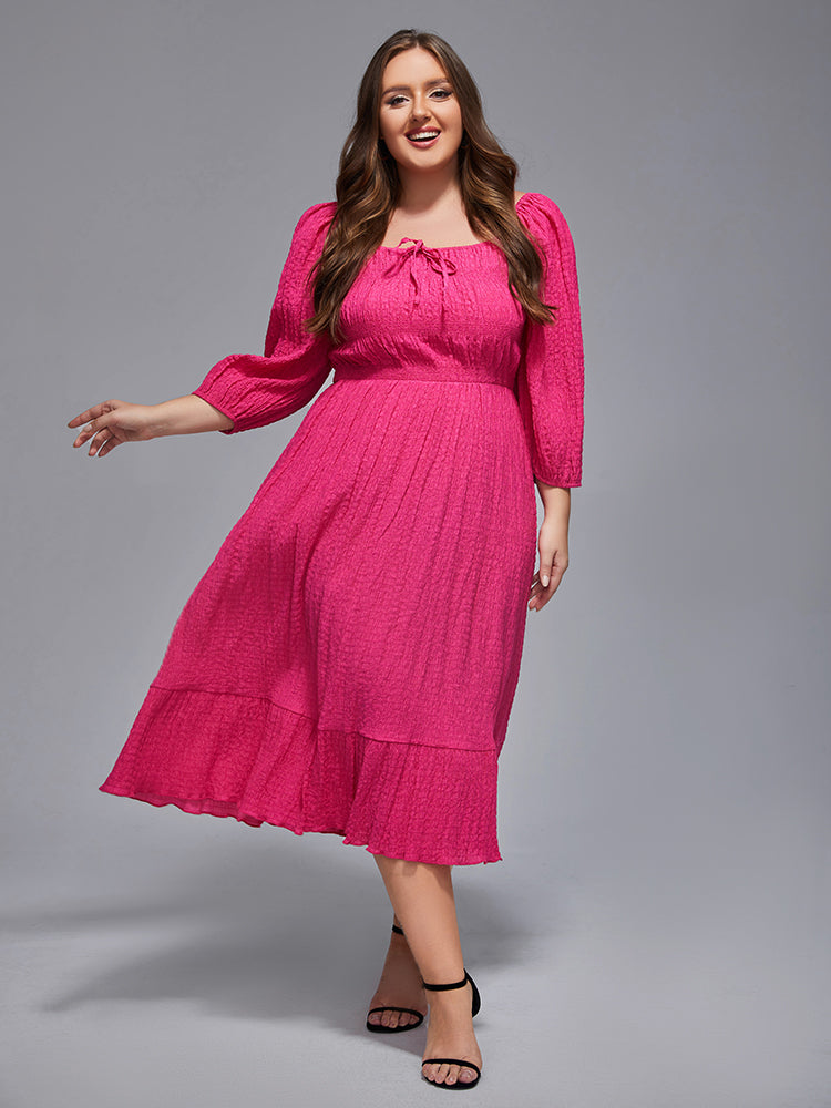 Plus Square Neck Puff Sleeves Shirred Midi Dress