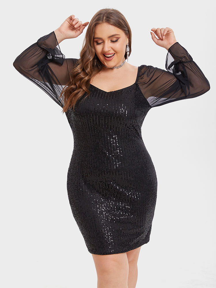 Contrast Mesh Flounce Sleeve Sequin Bodycon Dress