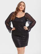 Contrast Mesh Flounce Sleeve Sequin Bodycon Dress
