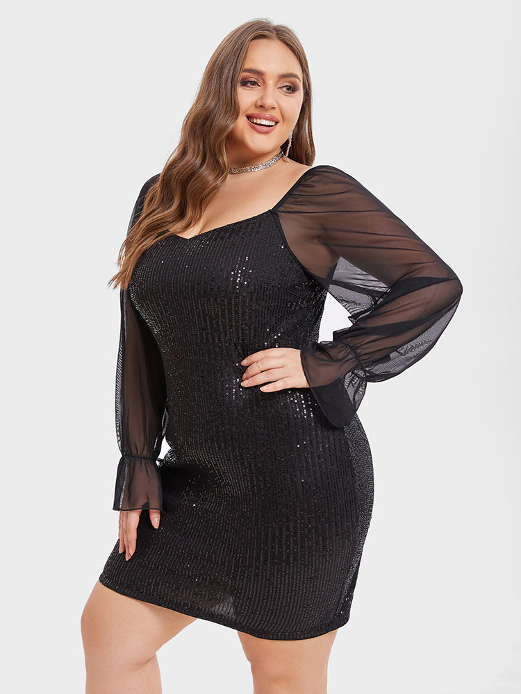 Contrast Mesh Flounce Sleeve Sequin Bodycon Dress