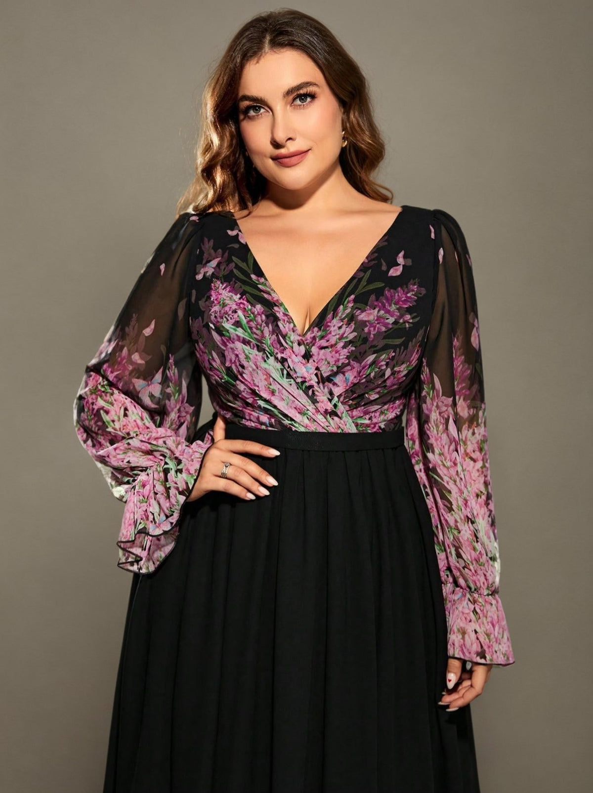 Curveins Plus Size V-Neck Floral Patchwork Maxi Dress with Flattering Flare Sleeves