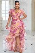 Xpluswear Design Plus Size Wedding Guest Pink Floral V Neck Short Sleeve Ruffle High Low Hem Chiffon Midi Dresses