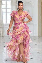 Xpluswear Design Plus Size Wedding Guest Pink Floral V Neck Short Sleeve Ruffle High Low Hem Chiffon Midi Dresses