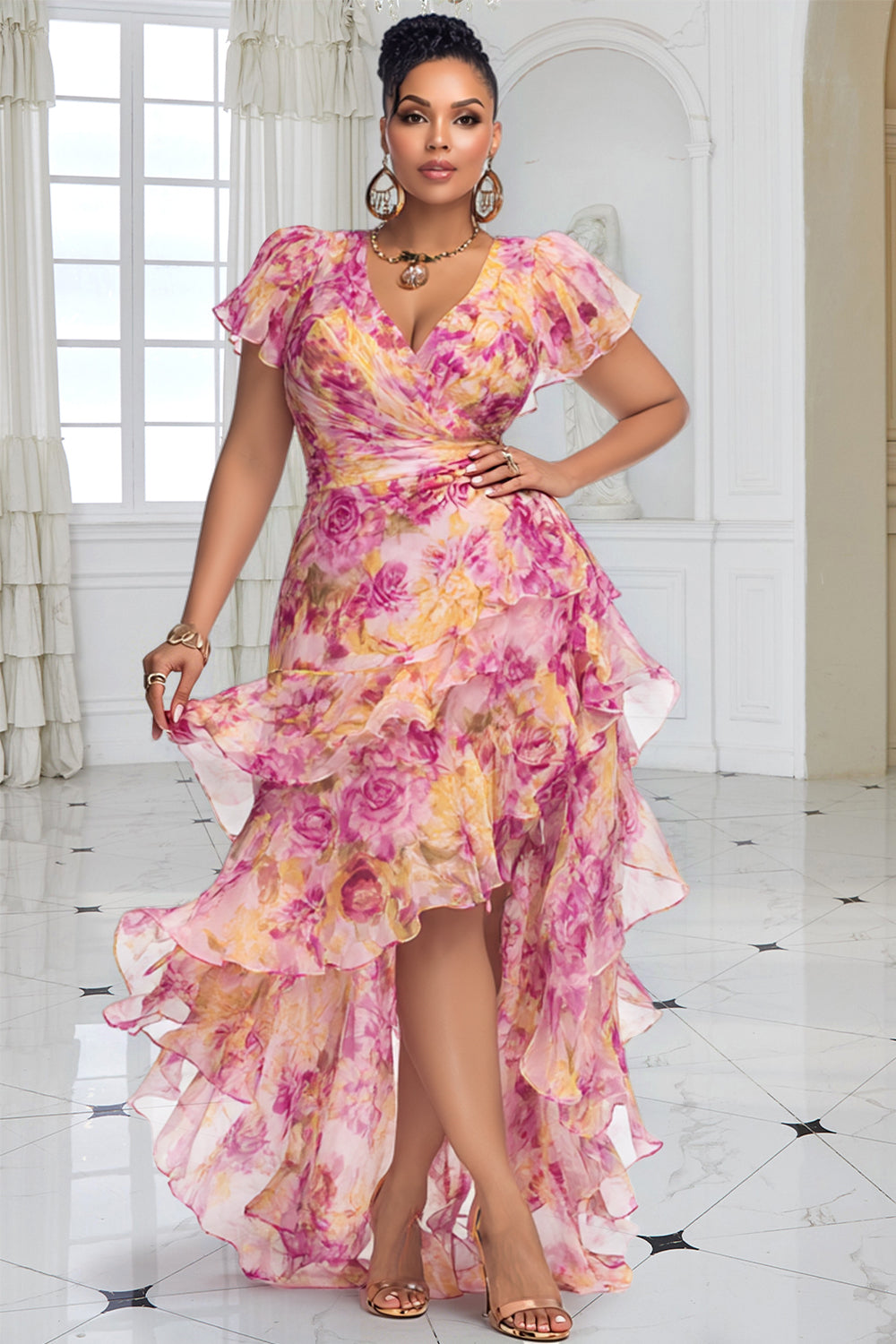 Xpluswear Design Plus Size Wedding Guest Pink Floral V Neck Short Sleeve Ruffle High Low Hem Chiffon Midi Dresses