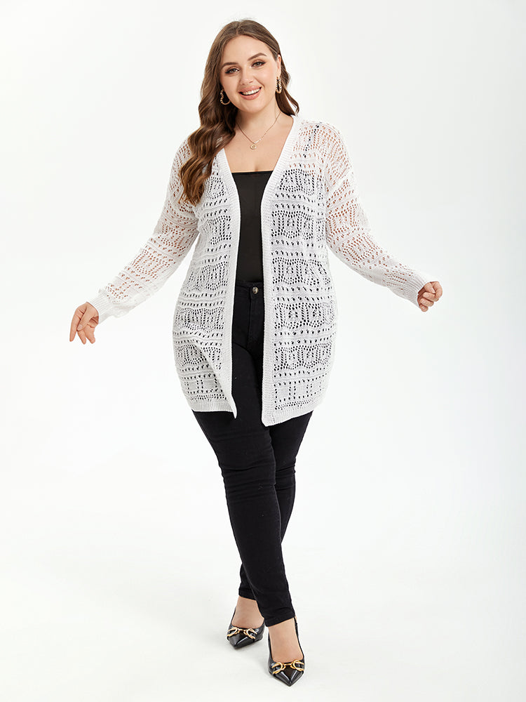 Solid Pointelle Knit Drop Shoulder Open Front Cardigan