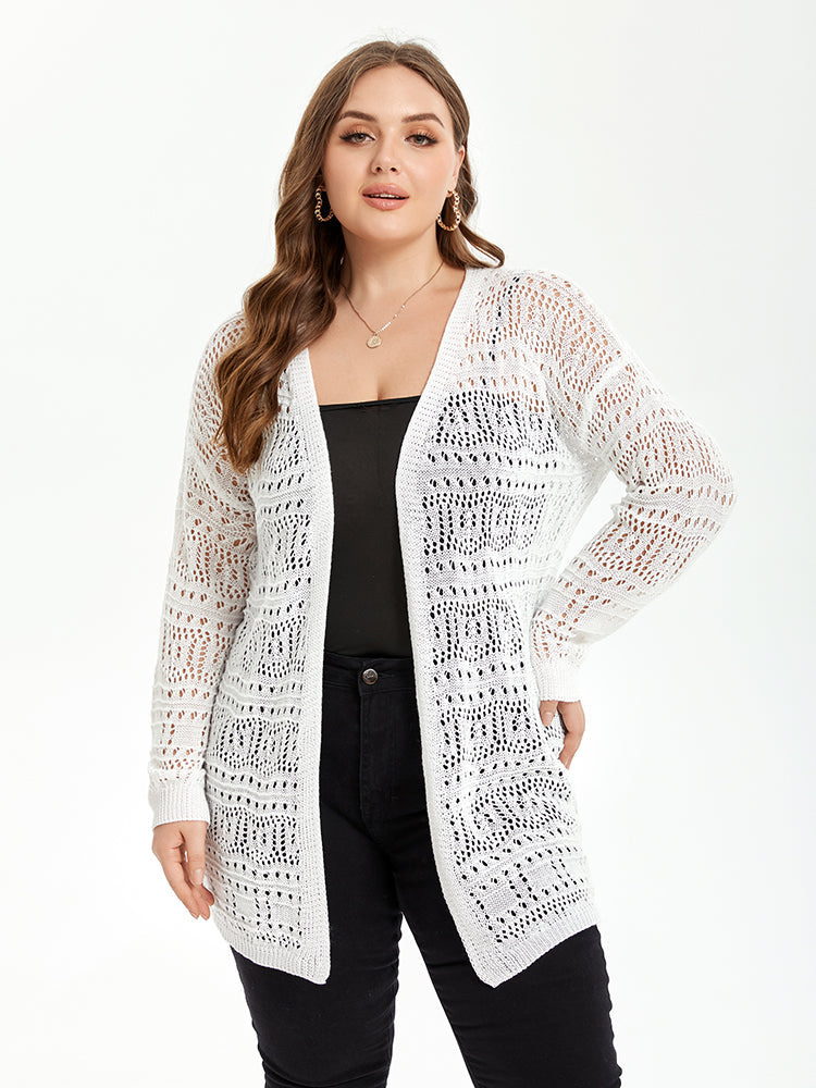 Solid Pointelle Knit Drop Shoulder Open Front Cardigan