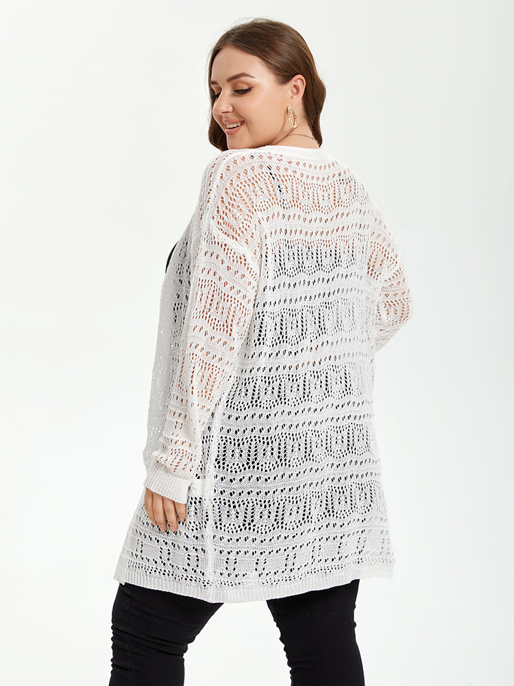 Solid Pointelle Knit Drop Shoulder Open Front Cardigan