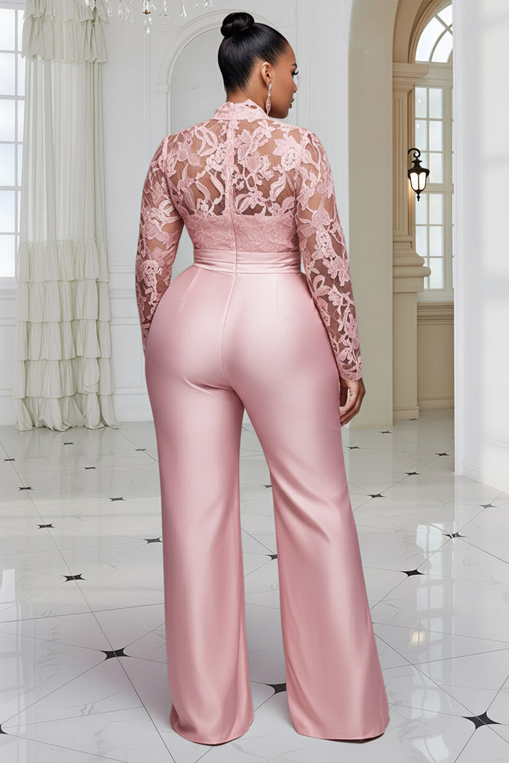 Xpluswear Design Plus Size Cocktail Party Pink V Neck Long Sleeve Pocket See Through Satin Jumpsuits