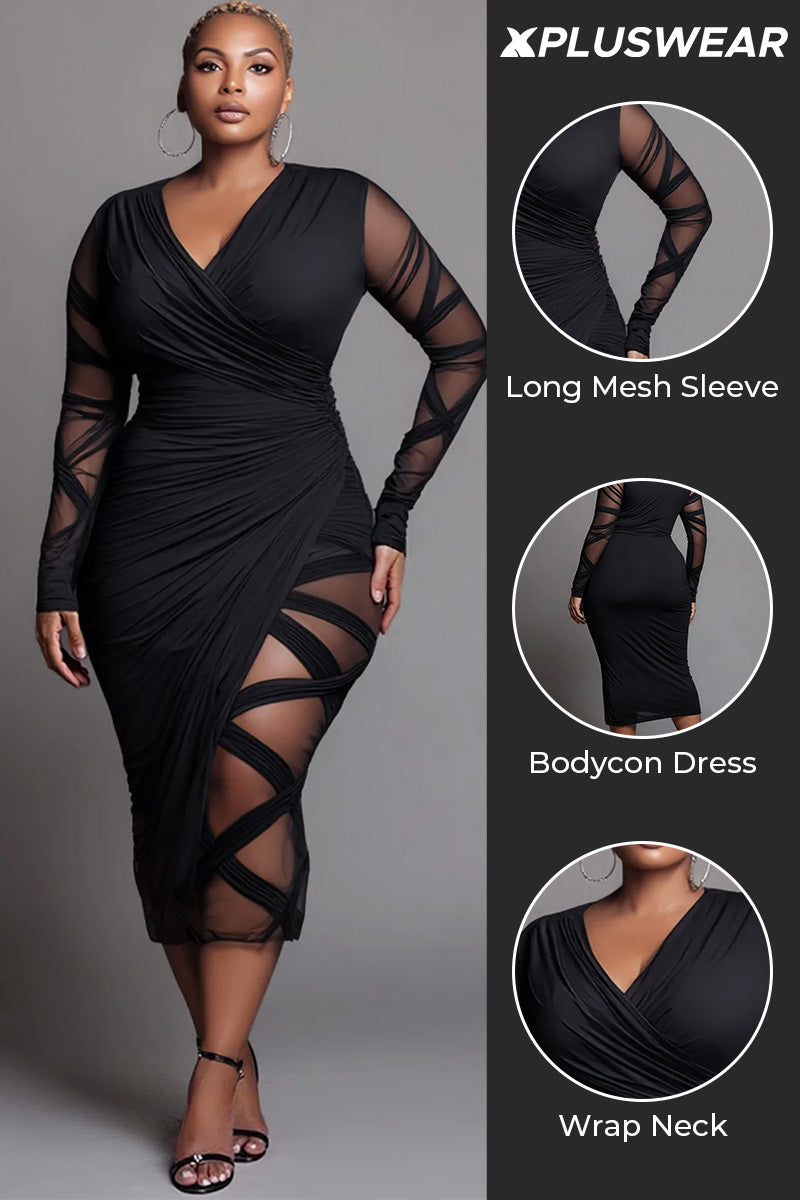 Xpluswear Design Plus Size Party Black Wrap Neck Long Sleeve Bodycon See Through Midi Dresses