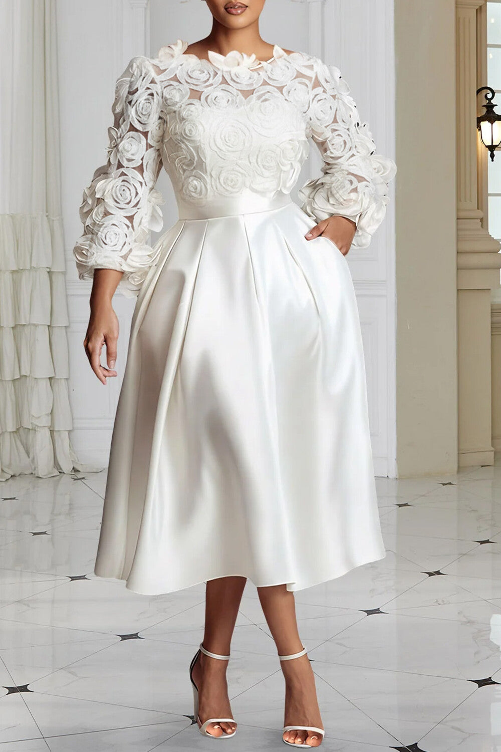 Xpluswear Design Plus Size Wedding White Round Neck 3/4 Sleeve 3D Elegant Pocket Satin Midi Dresses