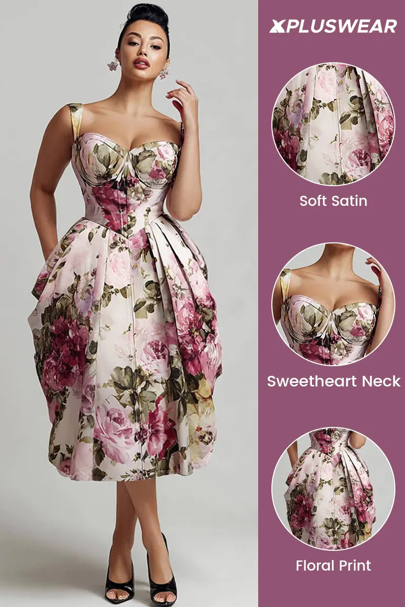 Xpluswear Design Plus Size Cocktail Party Pink Floral Sweetheart Neck Pleated Pocket Satin Midi Dresses