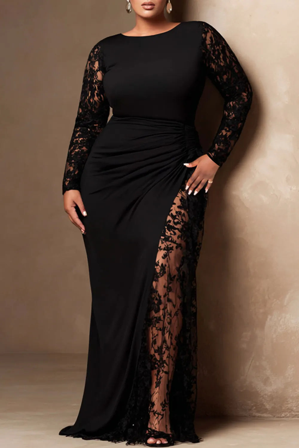 Xpluswear Design Plus Size Formal Black Round Neck Long Sleeve Contrast See Through Lace Maxi Dresses