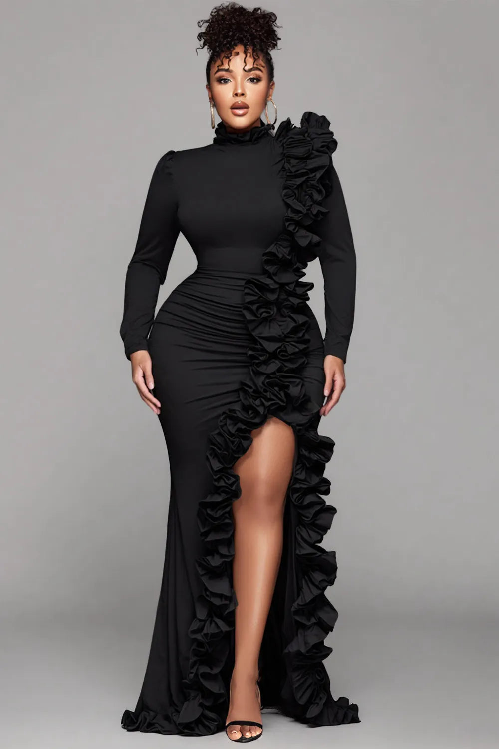 Xpluswear Design Plus Size Formal Black Round Neck Long Sleeve Split Elegant Ruffle 3D Satin Maxi Dresses