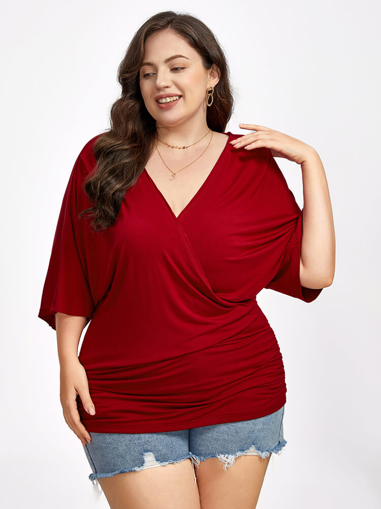 VIP Plus Plain Crisscross V Neck Ruched Hem Tee