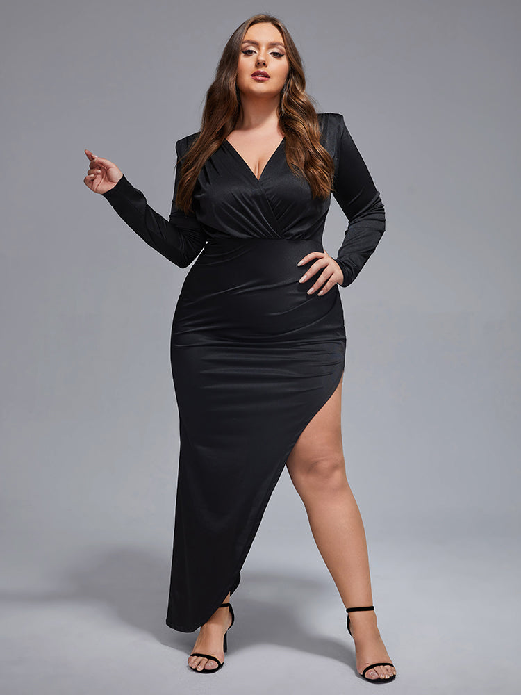 VIP Plus Ruched Crisscross Asymmetrical Hem Maxi Dress