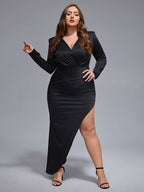 VIP Plus Ruched Crisscross Asymmetrical Hem Maxi Dress