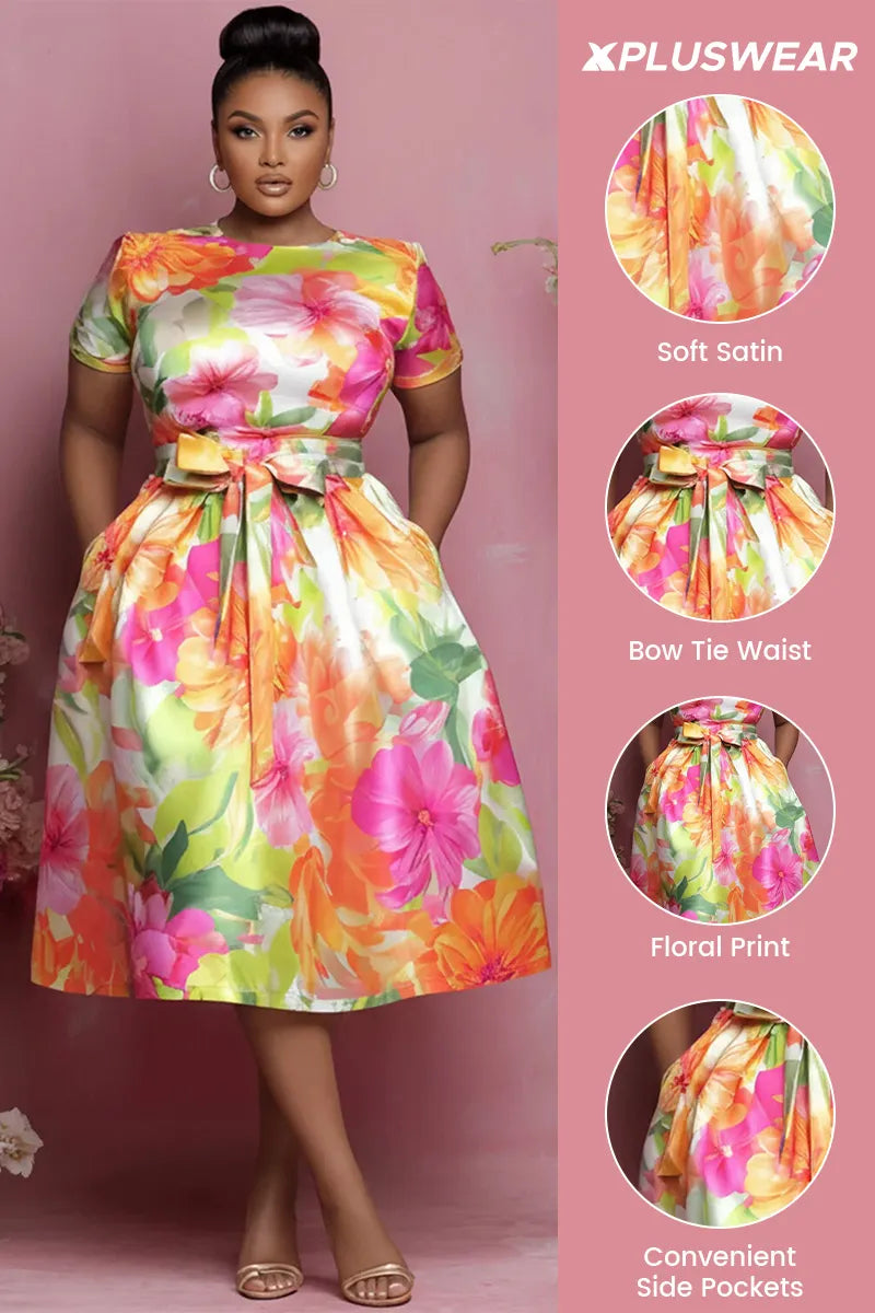 Xpluswear Design Plus Size Wedding Guest Multicolor Floral Round Neck Short Sleeve Pocket Wrap Satin Midi Dresses