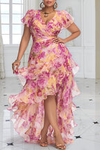 Xpluswear Design Plus Size Wedding Guest Pink Floral V Neck Short Sleeve Ruffle High Low Hem Chiffon Midi Dresses
