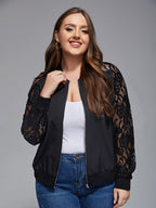 Plus Black Lace Zipper Front Raglan Sleeve Jacket
