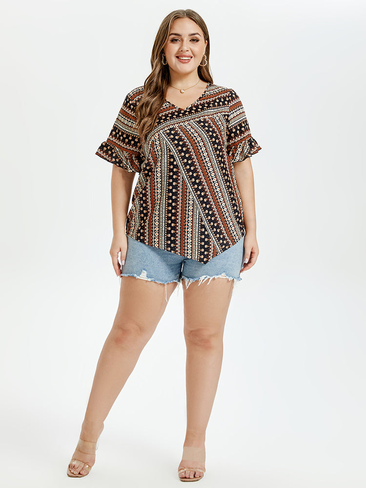 Allover Print V-Neck Flounce Sleeve Blouse