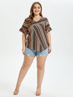 Allover Print V-Neck Flounce Sleeve Blouse