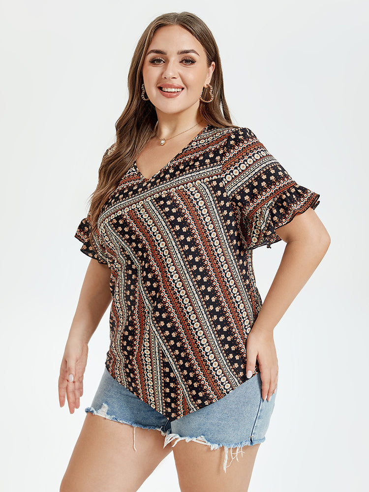 Allover Print V-Neck Flounce Sleeve Blouse