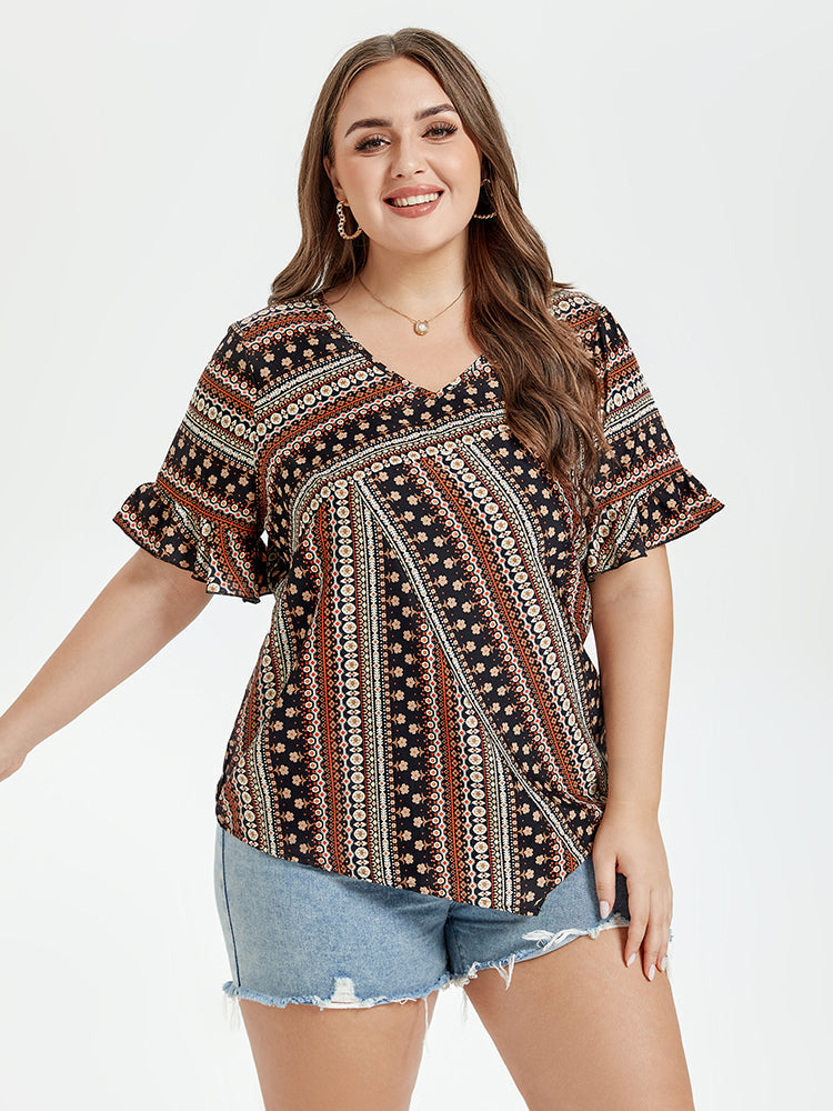 Allover Print V-Neck Flounce Sleeve Blouse