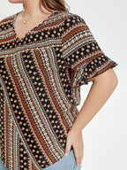 Allover Print V-Neck Flounce Sleeve Blouse