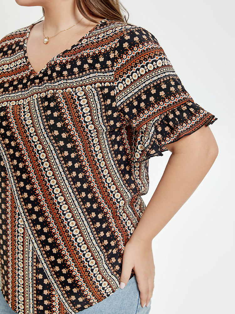 Allover Print V-Neck Flounce Sleeve Blouse